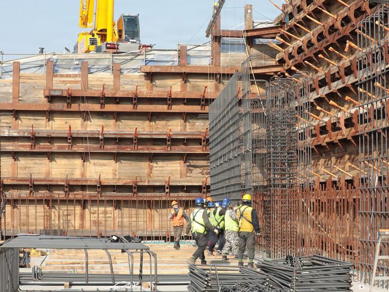 Plywood formwork for poured concrete walls on a construction site